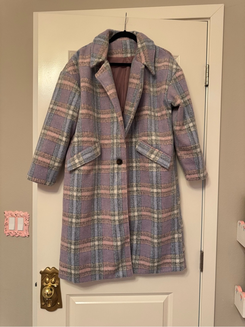Plaid Pastel Wool-Blend Overcoat - Lavender & Pink